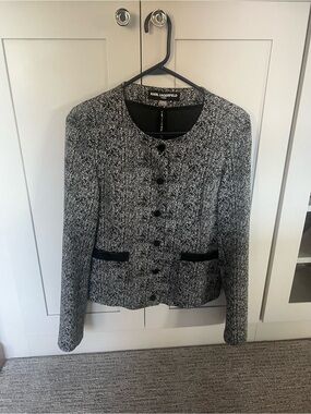 Karl Lagerfeld Black and White Herringbone Tweed Blazer